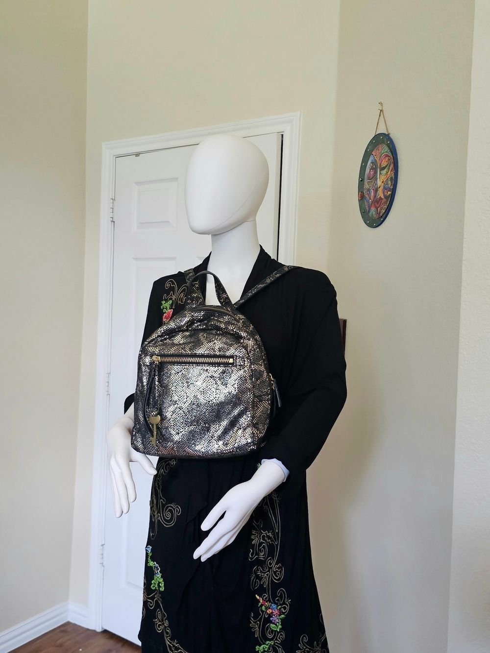 Fossil Black and Silver Snake-Print Mini Backpack